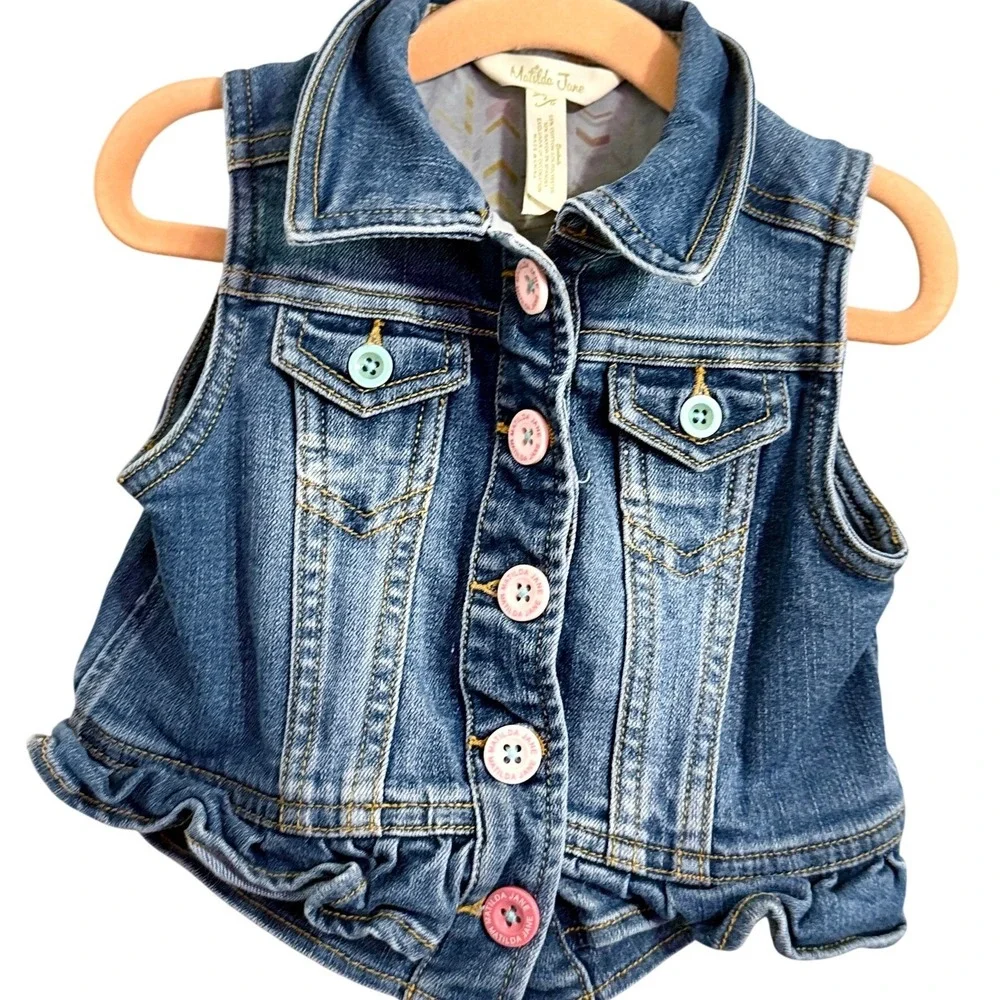 Matilda Jane Kids Girls‎ Denim Vest Ruffle Hem Pink Buttons Teal Pockets Size 2